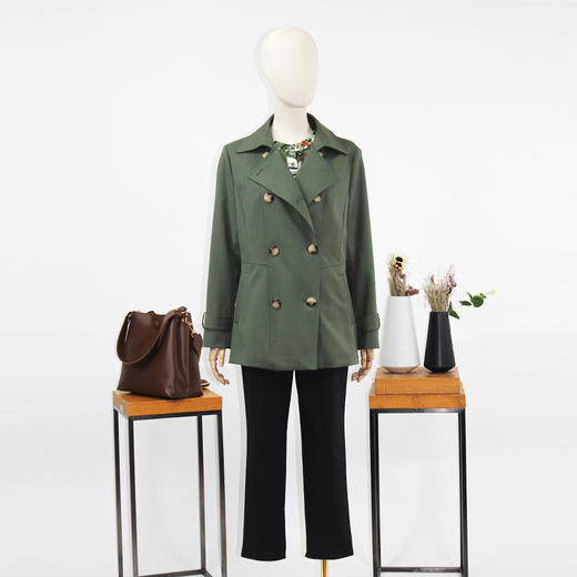 FOCALS福柯斯新款宽松休闲纯色羊毛短款双排扣外套风衣FRRAF077AG 商品图4