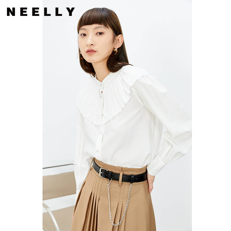 NEELLY纳俪商场同款立领衬衫女单排扣气质简约娃娃翻领白色上衣N22074B04425