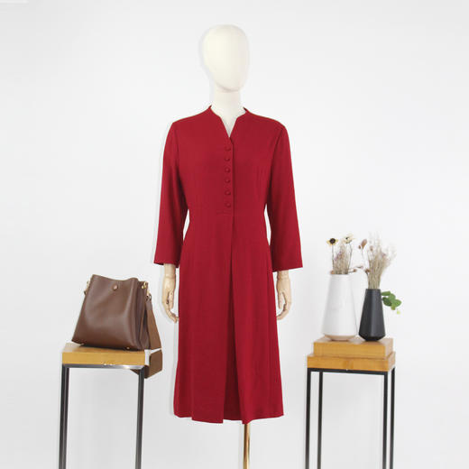 FOCALS福柯斯新款新中式V领长袖羊毛纯色中长款连衣裙FRG3X529R1 商品图4