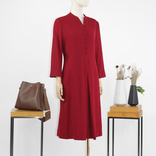 FOCALS福柯斯新款新中式V领长袖羊毛纯色中长款连衣裙FRG3X529R1 商品图1