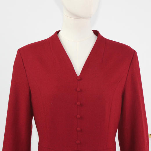 FOCALS福柯斯新款新中式V领长袖纯色羊毛中长款连衣裙FYQDX708R1 商品图3