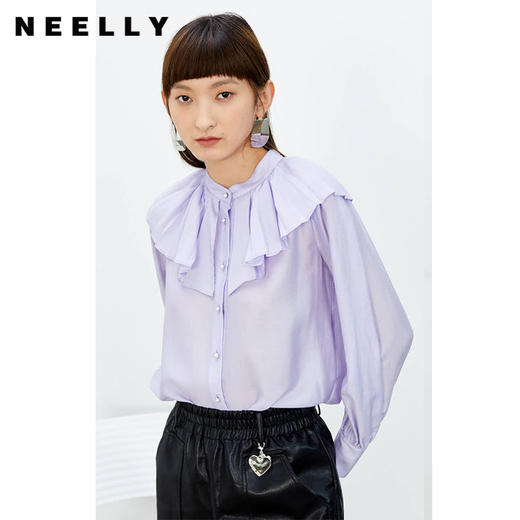 NEELLY纳俪商场同款立领衬衫女单排扣气质简约娃娃翻领白色上衣N22074B04425 商品图3