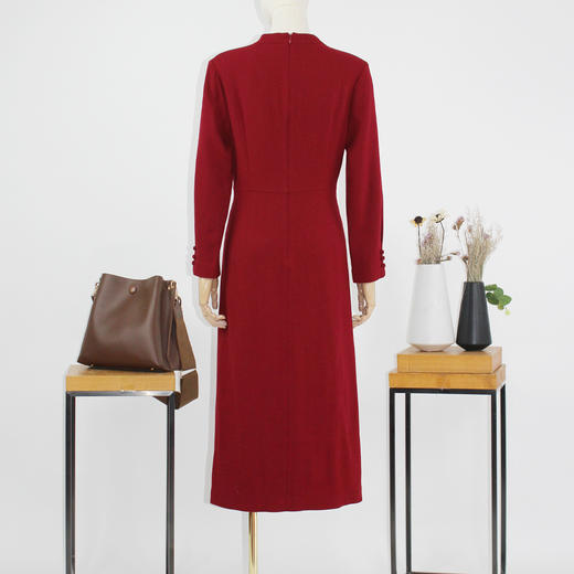 FOCALS福柯斯新款新中式V领长袖纯色羊毛中长款连衣裙FYQDX708R1 商品图2