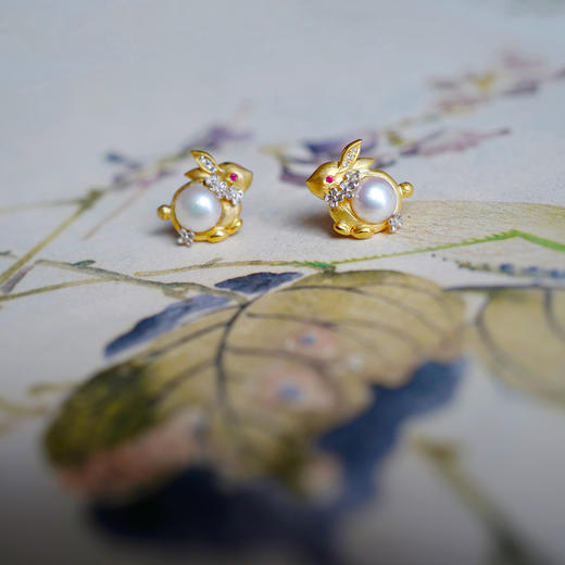 龢盒原创 9k金镶银桂金兔珍珠耳钉 商品图2