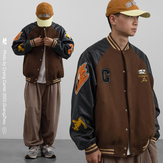 CryingCenter 美式复古棒球服PU皮 拼接毛巾绣刺绣外套夹克 商品图1