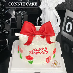 【1218】翻糖蝴蝶结手绘蛋糕（红色）