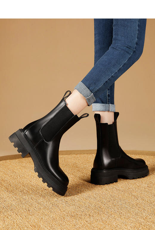 西遇厚底烟筒靴女秋冬季新款女鞋粗跟复古切尔西马丁靴女D1923697 商品图2