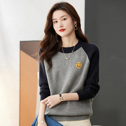 新款拼色笑脸好看的毛衣打底衫秋冬短款小个子针织衫上衣CC-J1089 商品图2