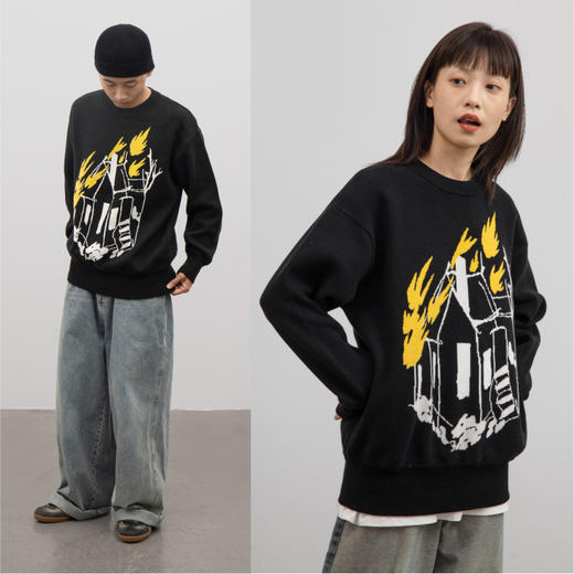 CryingCenter 火焰房子酷酷黑色毛衣宽松百搭个性男女 哭喊中心 商品图0