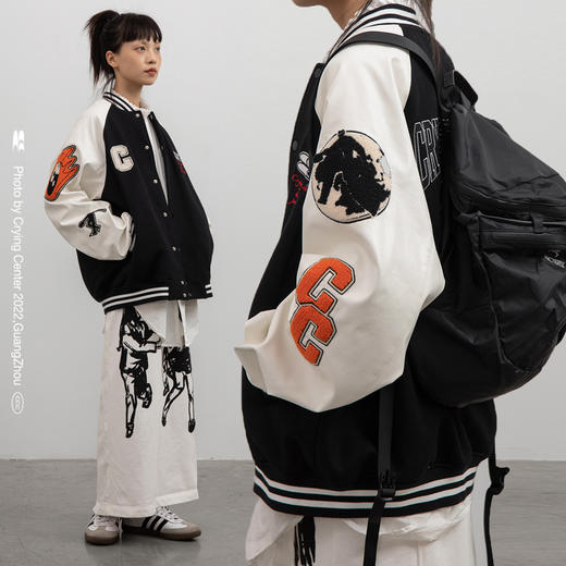 CryingCenter 美式复古棒球服PU皮 拼接毛巾绣刺绣外套夹克 商品图2