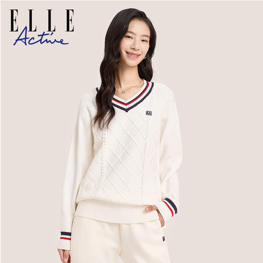 ELLE Active【减龄V领毛织】宽松版学院风减龄针织衫女秋季慵懒休闲长袖毛衣 商品图0