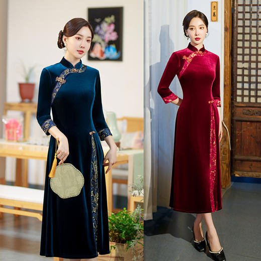 丝绒长款奥黛七分袖旗袍2022秋季新款时尚改良奥黛旗袍GX 商品图3