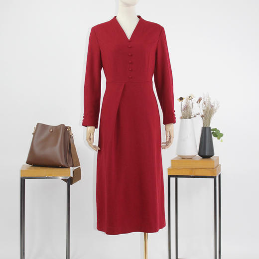 FOCALS福柯斯新款新中式V领长袖纯色羊毛中长款连衣裙FYQDX708R1 商品图0