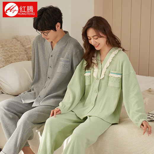 「6套可选！男女款」红腾情侣睡衣秋冬季长袖两件套 2022新款简约休闲男士棉质内衣家居服 商品图0