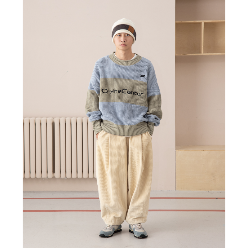 cryingcenter 拼色刺绣针织 卷边 条纹足球毛衣加厚