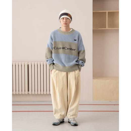 cryingcenter 拼色刺绣针织 卷边 条纹足球毛衣加厚 商品图0