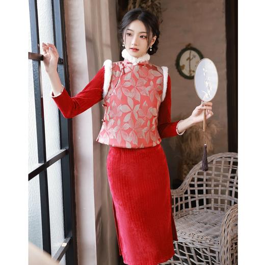BJS-103改良复古气质雪尼尔旗袍套装年轻款 冬季新款优雅民国风旗袍马甲 商品图0