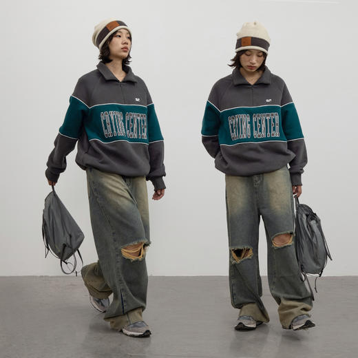 CryingCenter 深灰复古绿拼接美式运动拉链高领抓毛卫衣 哭喊中心 商品图1