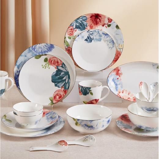 【专柜多样屋】-花影缤纷餐具套装中式家用聚会餐具简约高级感釉彩碗碟套装 商品图0