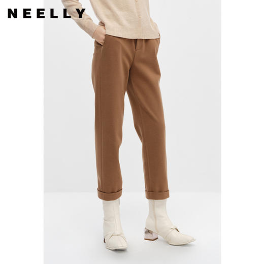 NEELLY纳俪商场同款冬季新款毛呢休闲裤女百搭咖色九分直筒烟管裤N22112H01147 商品图0