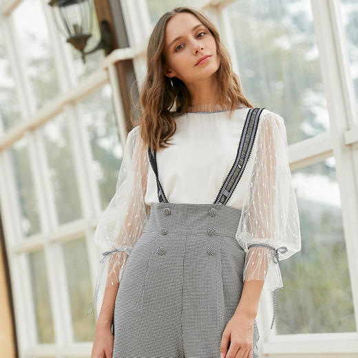 欧芮儿阔腿裤两件套秋冬女2018新款百搭蕾丝衫吊背带套装潮 商品图3