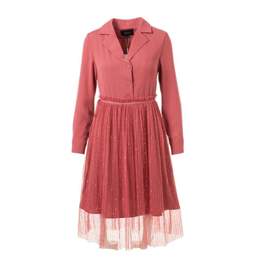 欧芮儿2018秋装新收腰显瘦翻折V领衬衫长袖网纱连衣裙女中长款 商品图3