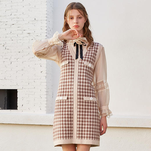 欧芮儿 春装女2020新款女装格子针织连衣裙女裙子 商品图0