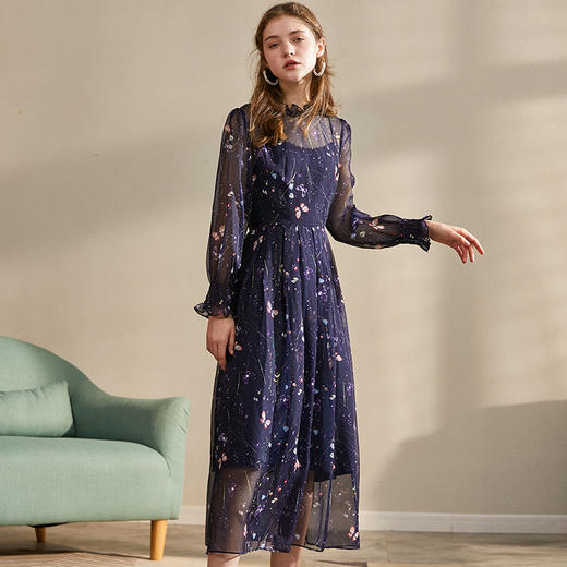欧芮儿2020新款春长袖碎花雪纺连衣裙中长款网纱裙收腰显瘦气质 商品图0