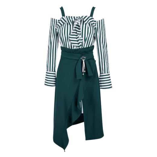 欧芮儿2018春新款露肩吊带条纹一字领上衣+荷叶边半身裙套装裙 商品图3