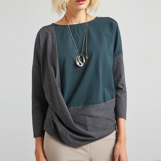 FOCALS福柯斯新款圆领宽松领长袖套头针织拼接T恤上衣FYLCN563AG 商品图0