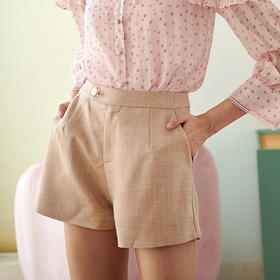 欧芮儿2022年春装新款高腰显瘦格子休闲裤女百搭宽松阔腿粉色短裤