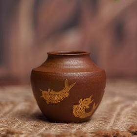 清 紫砂胎描金鱼纹水盂