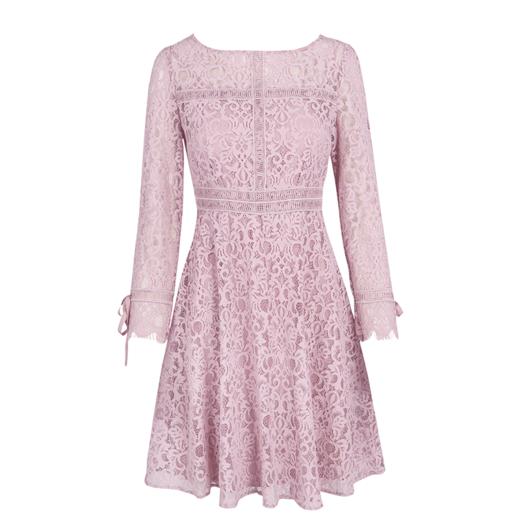 欧芮儿2019春 蝴蝶结收腰a字裙女长袖粉色蕾丝连衣裙中长款 商品图3