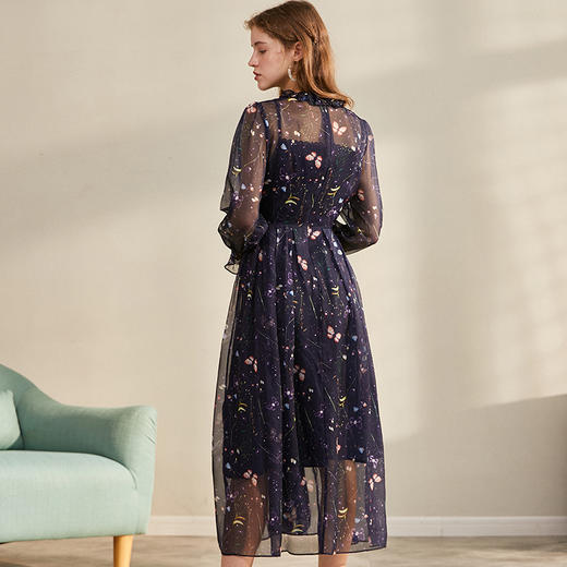 欧芮儿2020新款春长袖碎花雪纺连衣裙中长款网纱裙收腰显瘦气质 商品图1