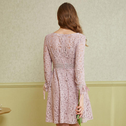 欧芮儿2019春 蝴蝶结收腰a字裙女长袖粉色蕾丝连衣裙中长款 商品图1