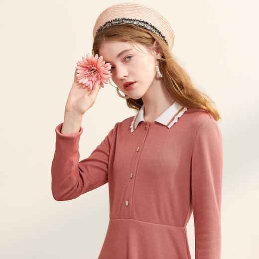 欧芮儿2019秋新品长袖polo领连衣裙女显瘦气质收腰中长款A字裙 商品图2