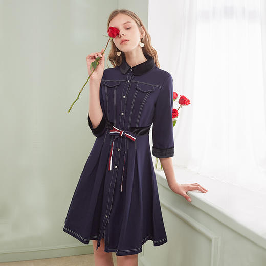 欧芮儿2019春装显瘦七分袖衬衫裙收腰连衣裙女中长款 商品图0
