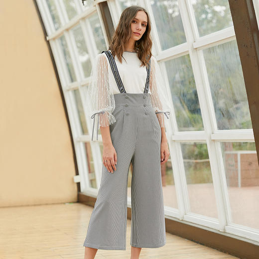 欧芮儿阔腿裤两件套秋冬女2018新款百搭蕾丝衫吊背带套装潮 商品图0