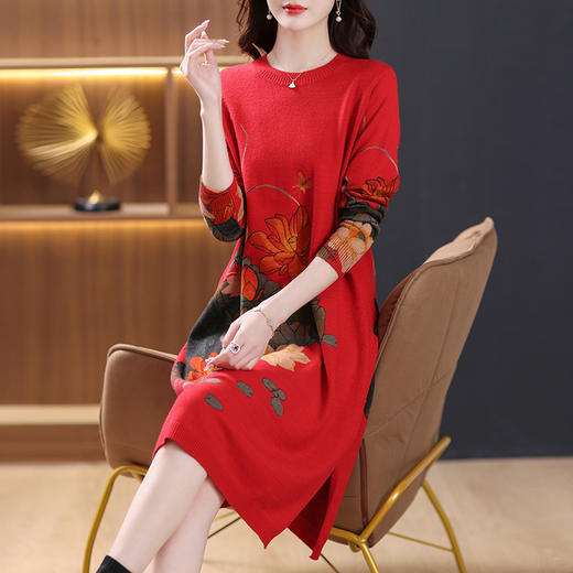 秋冬配大衣的毛衣裙，大款下摆开叉圆领洋气中长款印花连衣裙厚CC-38-8809 商品图2