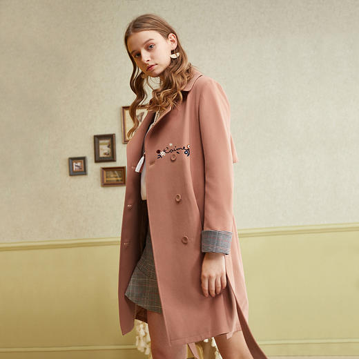 欧芮儿春装2019款女装宽松双排扣长袖风衣外套女中长款刺绣chic风 商品图0