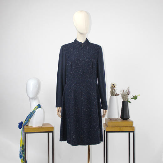 FOCALS福柯斯新款通勤立领长袖拼接中长款羊毛连衣裙F203X369BL 商品图4