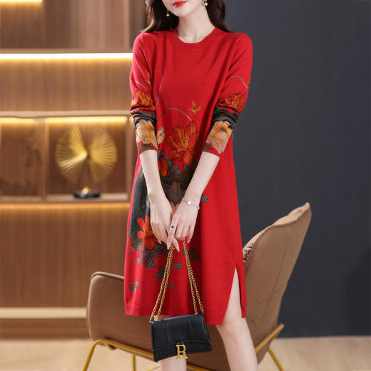 秋冬配大衣的毛衣裙，大款下摆开叉圆领洋气中长款印花连衣裙厚CC-38-8809 商品图6