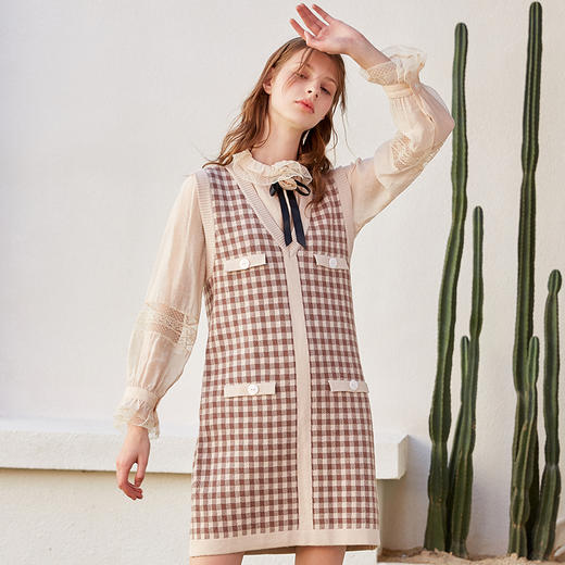 欧芮儿 春装女2020新款女装格子针织连衣裙女裙子 商品图3
