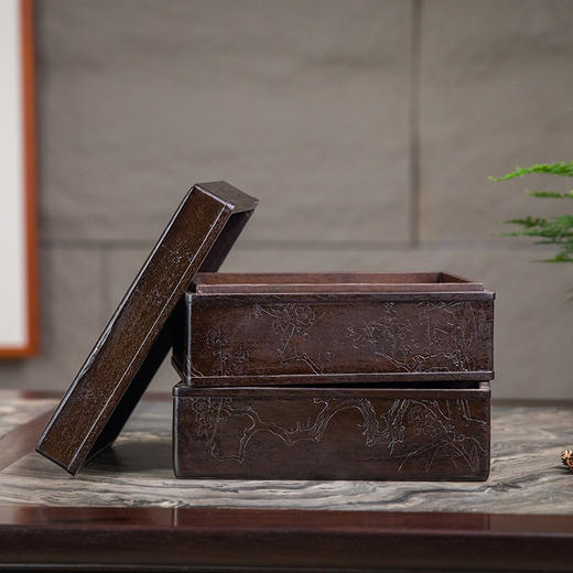 清 紫檀阴刻梅花纹双层盖盒 商品图3