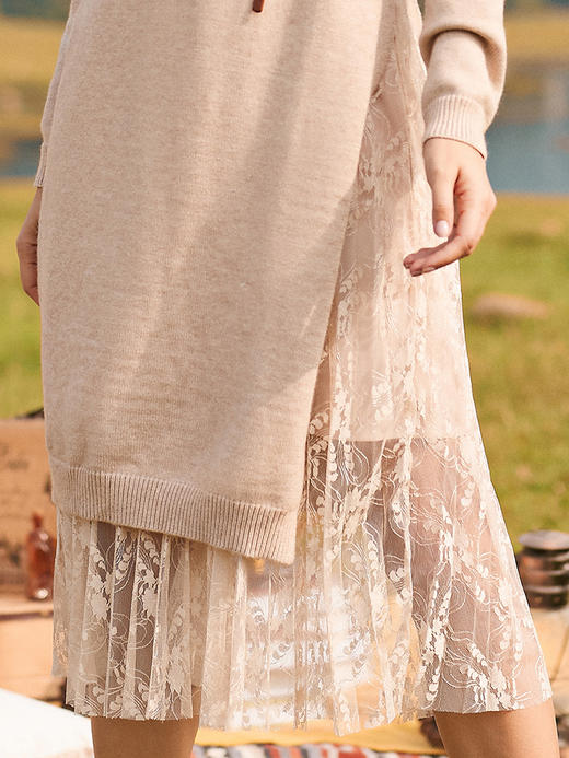 欧芮儿两件套蕾丝针织连衣裙女2018冬装中长款显瘦收腰A字裙 商品图2