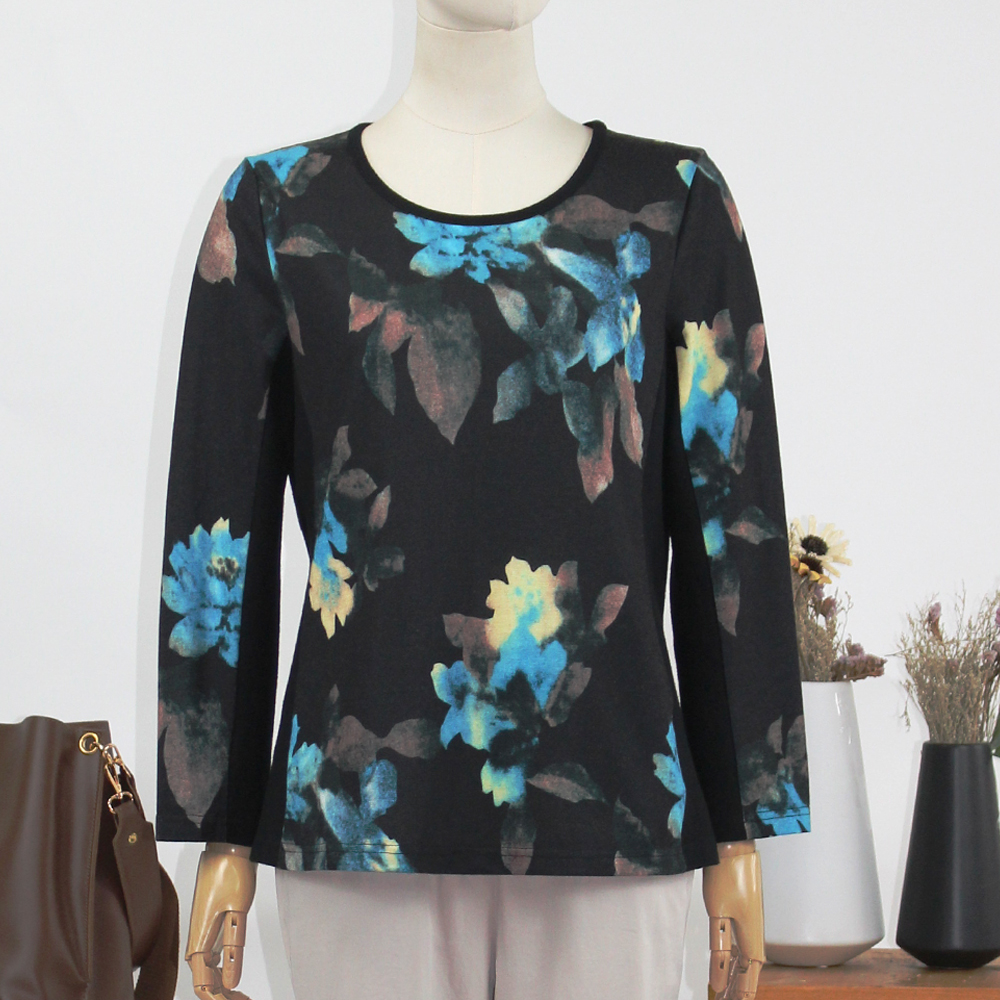 FOCALS福柯斯新款圆领套头长袖针织印花T恤上衣打底衫FYLCH600BV