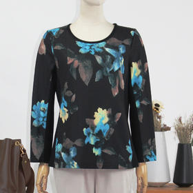 FOCALS福柯斯新款圆领套头长袖针织印花T恤上衣打底衫FYLCH600BV