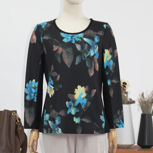 FOCALS福柯斯新款圆领套头长袖针织印花T恤上衣打底衫FYLCH600BV 商品图0