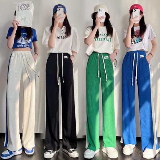 【新品推荐 时尚百搭高腰显瘦潮流】时尚侧标抽绳灯芯绒阔腿裤女休闲运动风拼色宽松垂坠感直筒裤子女 商品图0