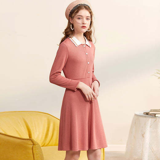 欧芮儿2019秋新品长袖polo领连衣裙女显瘦气质收腰中长款A字裙 商品图0